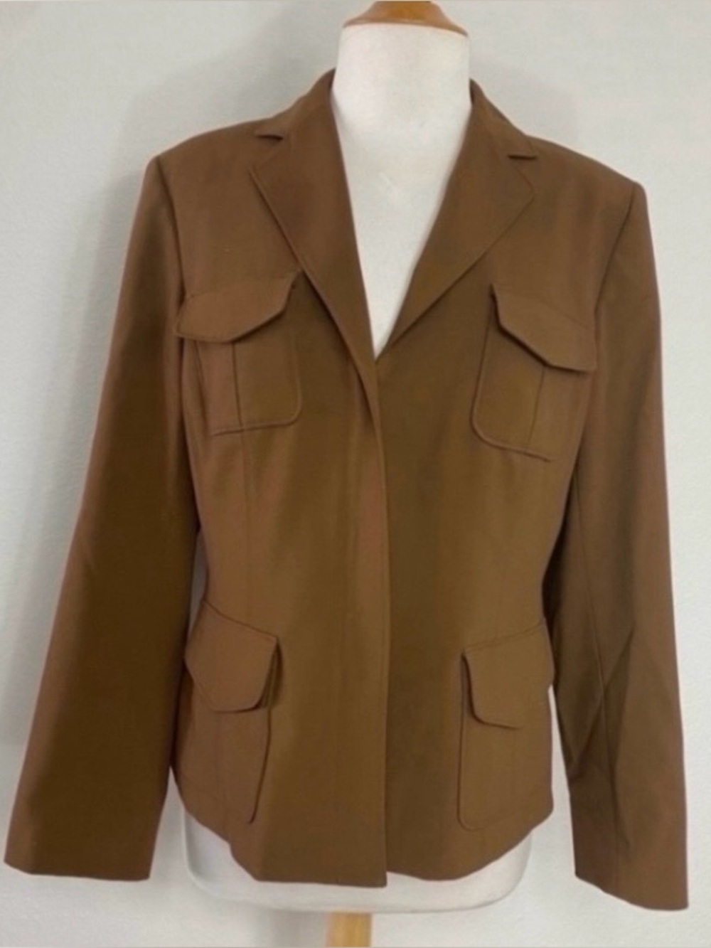 Vintage Jones NY Womens Stretch Camel Brown Zip Blazer Classic Preppy Size M